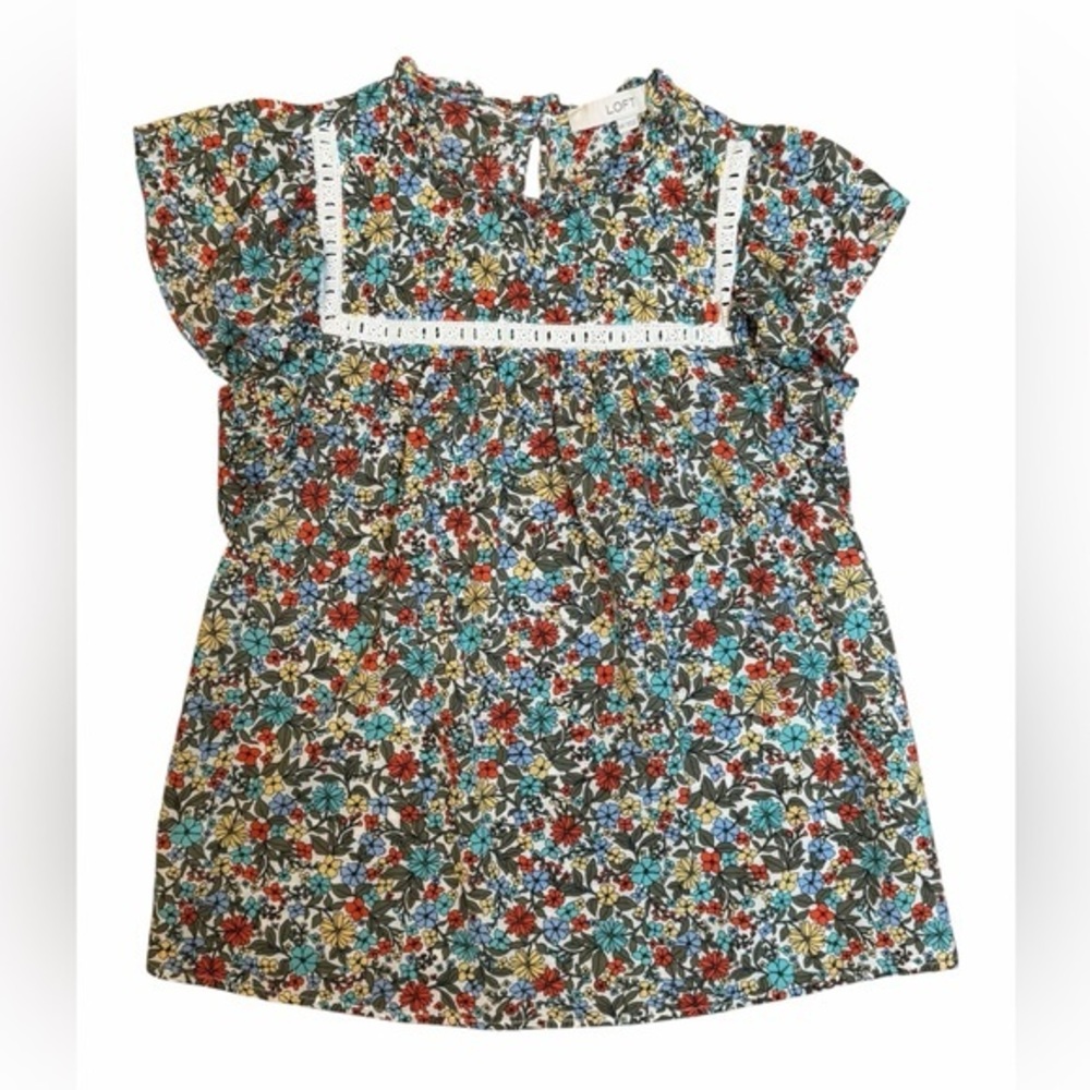 LOFT Floral Top XXS Ruffle Sleeve Embroidered Boho Cottagecore Blouse